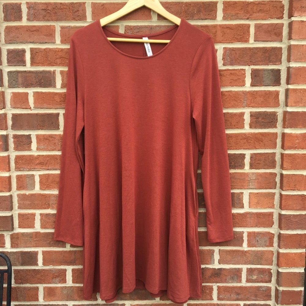 Zenana Dress with Pockets Knit Long Sleeve Rust Large